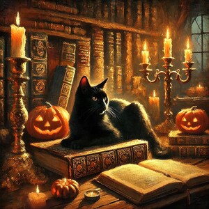 Op de afbeelding: Een zwarte kat ligt op een groot, versierd boek in een zwak verlichte kamer. Aangestoken kaarsen en uitgesneden pompoenen met gloeiende gezichten creëren een Halloween-thema. Boekenkasten en een kandelaar dragen bij aan de mystieke sfeer.