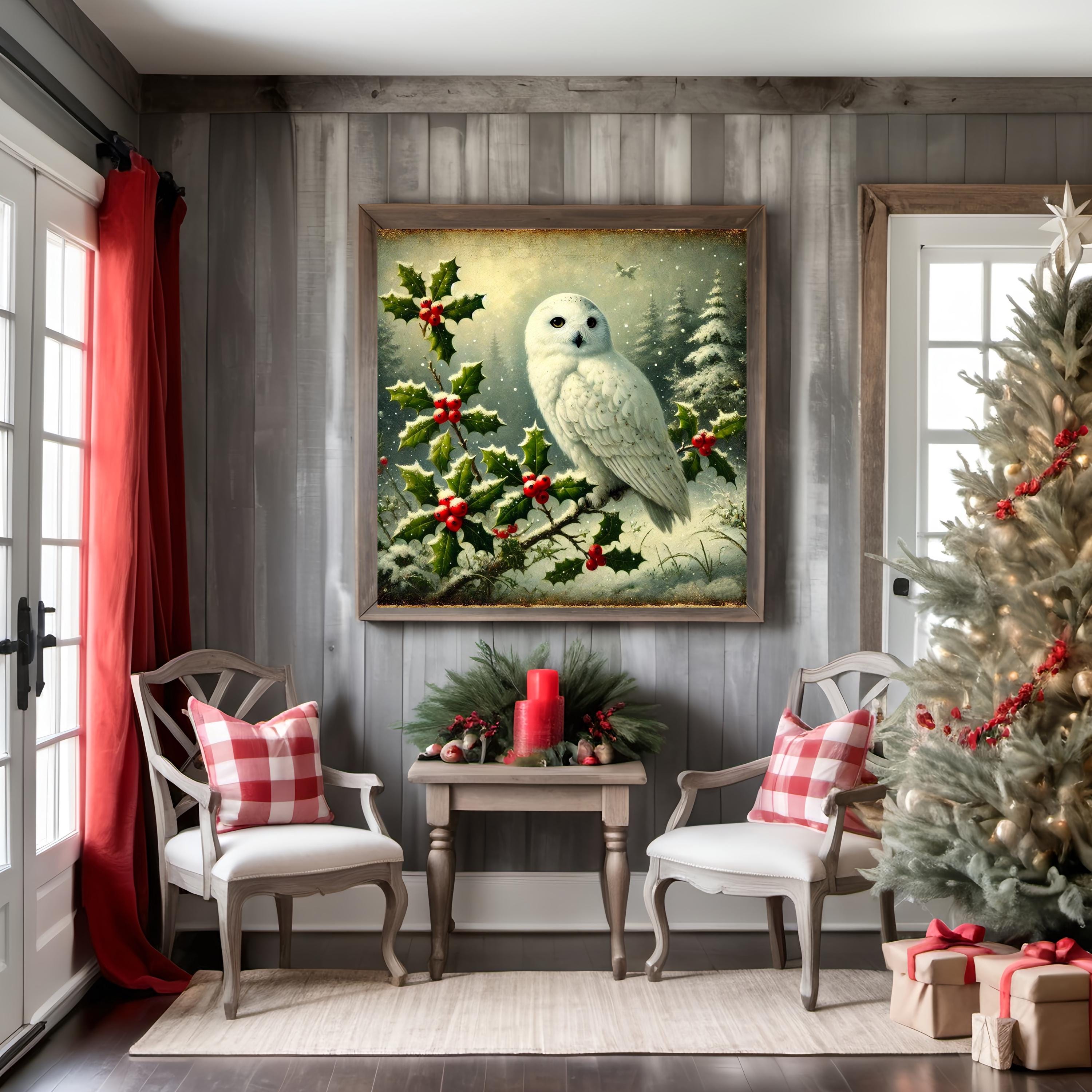 Vintage Christmas Owl Digital Print Snowy Owl Holly Wall Art Snowy ...