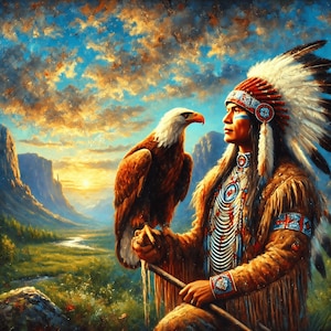 May include: A Native American man wearing a traditional headdress and feathered clothing is holding a bald eagle. The eagle is perched on his arm and looking to the right. The man is looking at the eagle with a serious expression. The background is a scenic landscape with mountains and a river.