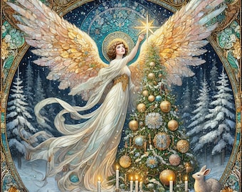 Christmas Tree Angel Wall Art Digital Download Vintage Winter Angel Painting Gold White Holiday Home Decor