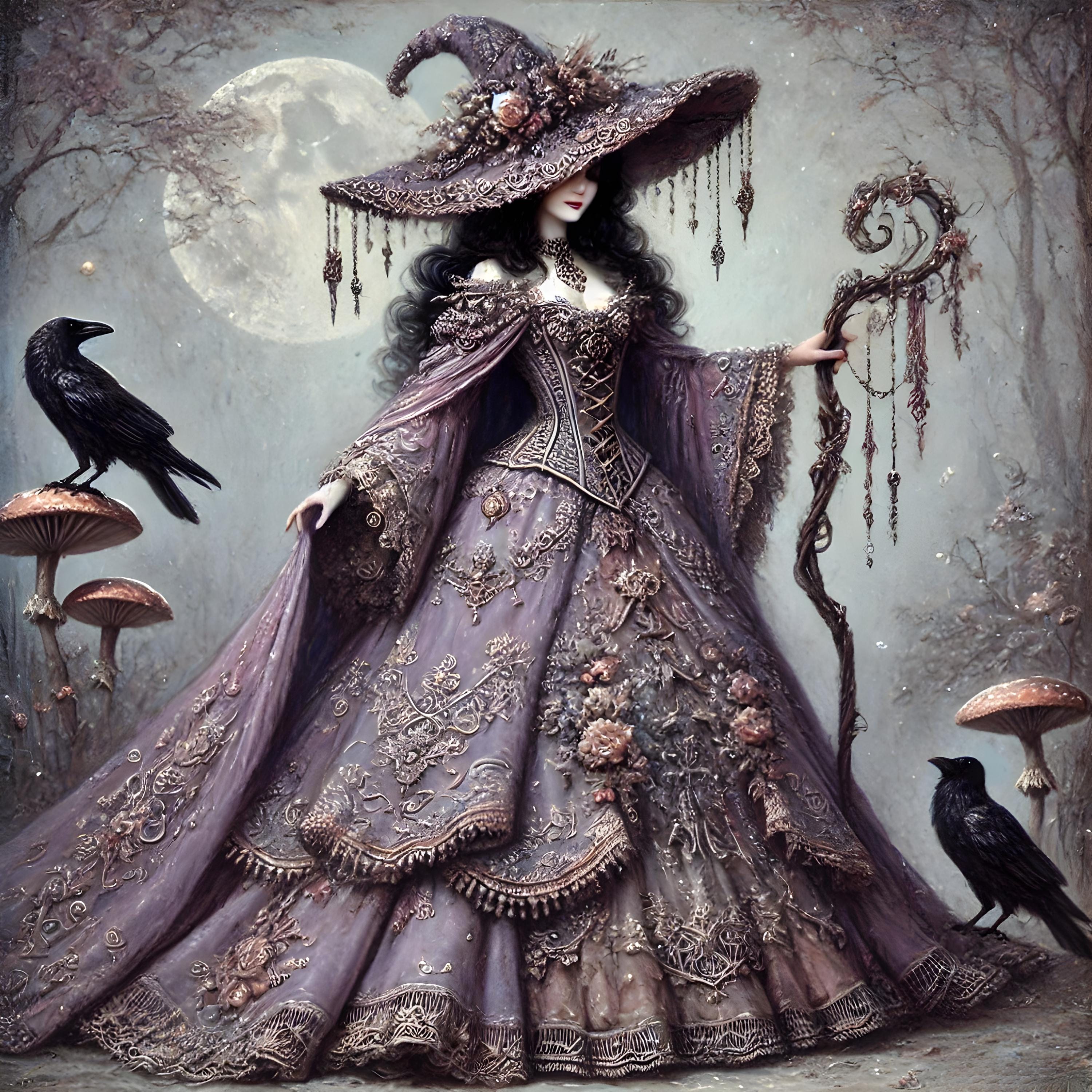 Vintage Gothic Witch Art Print: Lavender Cloak, Ravens (digital