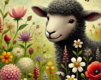 Whimsical Sheep Nursery Print: Vintage Floral Wall Art (Digital Download 4096x4096px)