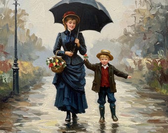 ヴィンテージな母と息子の雨の日のプリント：ビクトリア朝の壁アート（デジタルダウンロード）