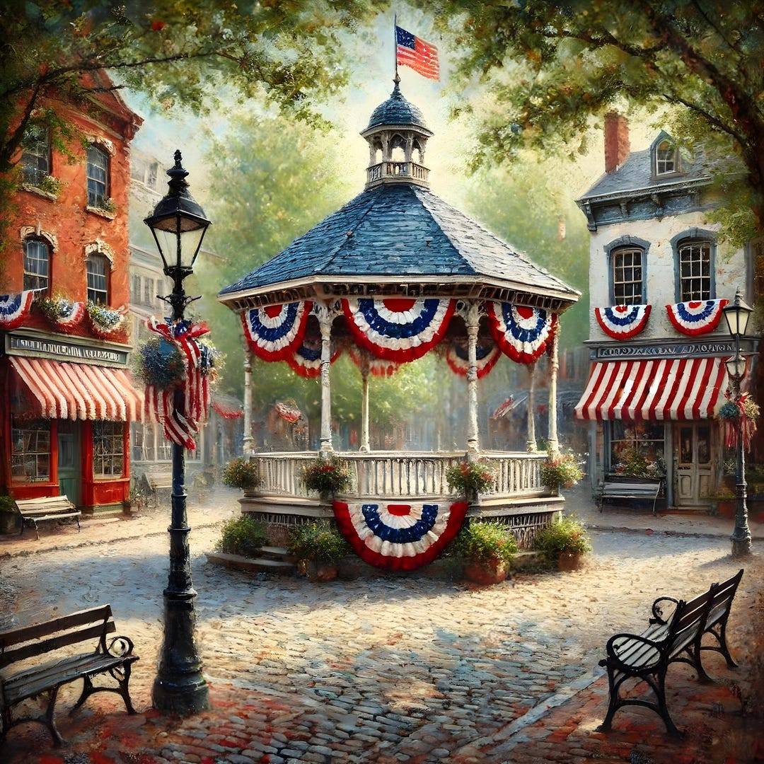 Patriotic Town Gazebo Print: Vintage Americana Wall Art (digital