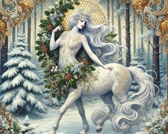 Arte de parede digital para download de Centauro da Floresta de Inverno - Criatura Mítica Etérea - Decoração Vintage de Fantasia para Casa