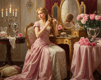 Victorian Lady Hair Brushing Wall Art Romantic Boudoir Décor Gift Elegant Vanity Scene Digital Print Vintage Feminine Download Gift idea