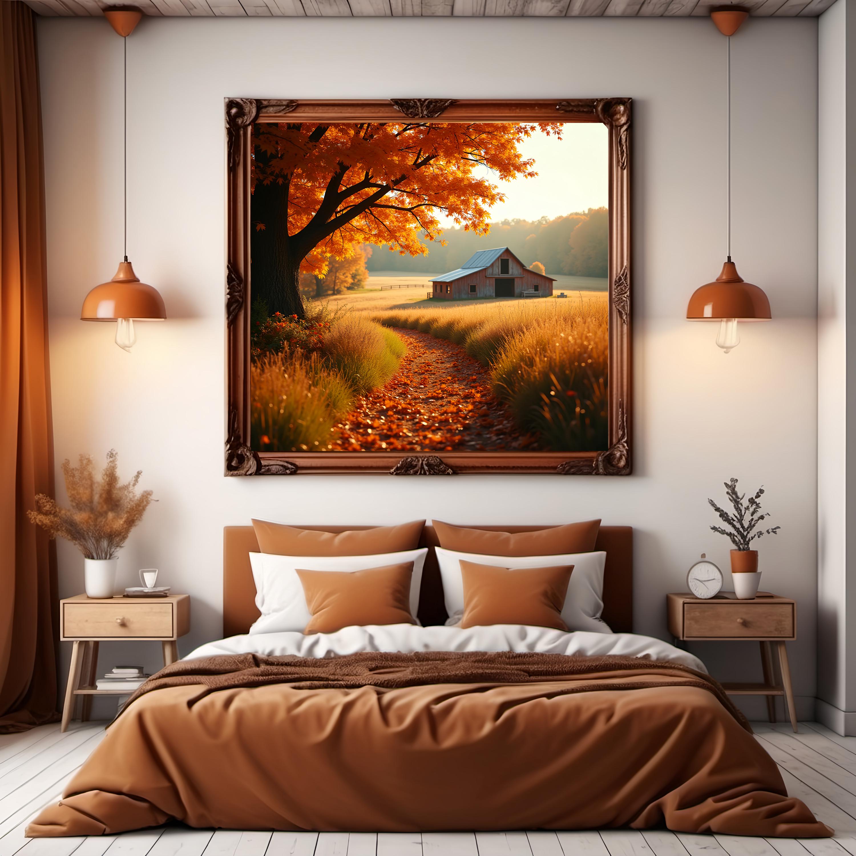 Fall Barn Landscape Art: Golden Autumn Rustic Farmhouse (digital ...