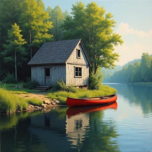 Lake Wall Art Rustic Fishing Shack with Red Canoe Digital Print Tranquil Nature Decor Serene Landscape Digital Download Lakeside Retreat Art