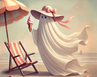 May include: A white ghost figure wearing a wide-brimmed hat with a pink ribbon and bow, holding a pink ice cream cone. Beside the ghost is a striped beach chair and a matching beach umbrella, with small seashells and a starfish on the sand.