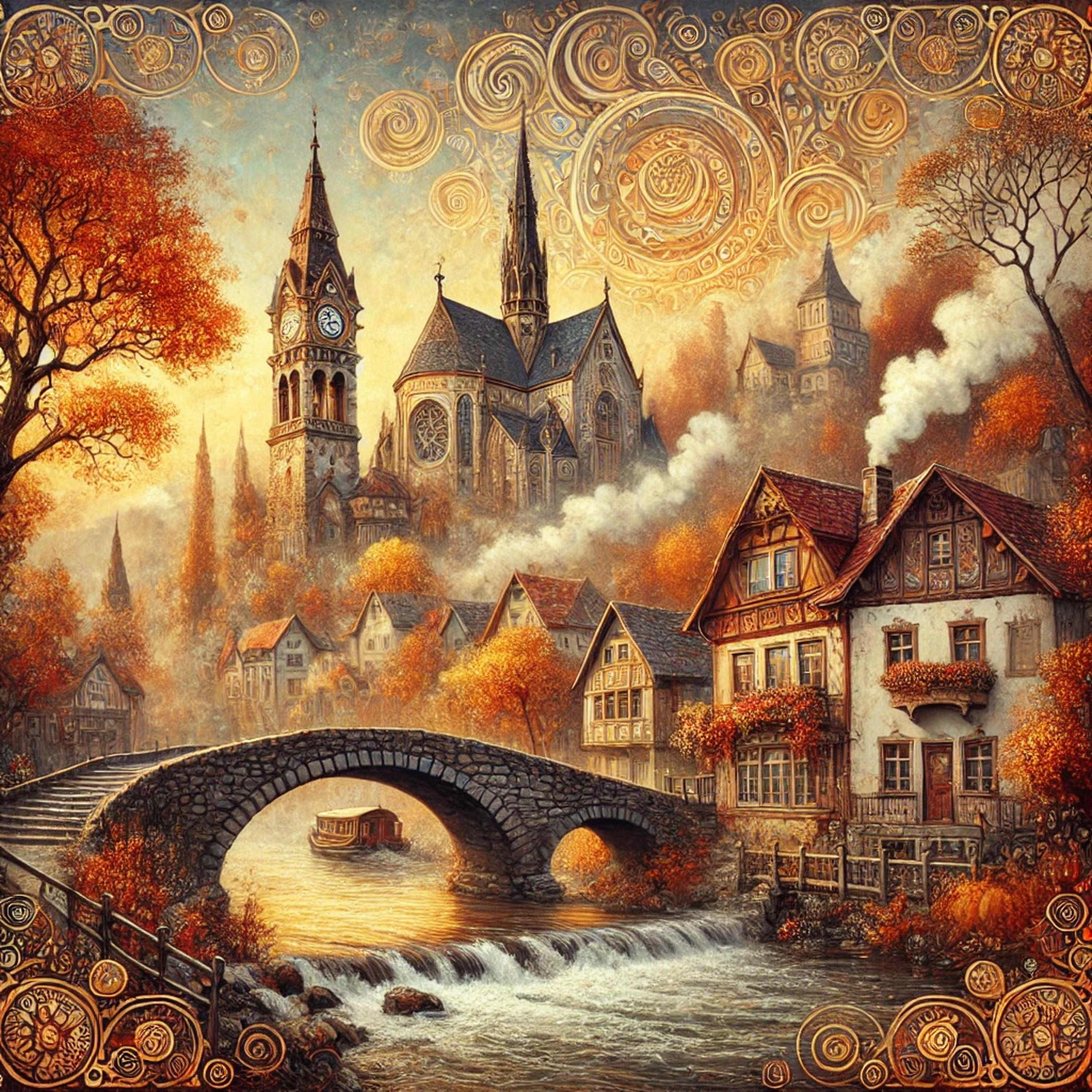 クリムトにインスパイアされた秋の村のアールヌーボー版画：黄金の川の