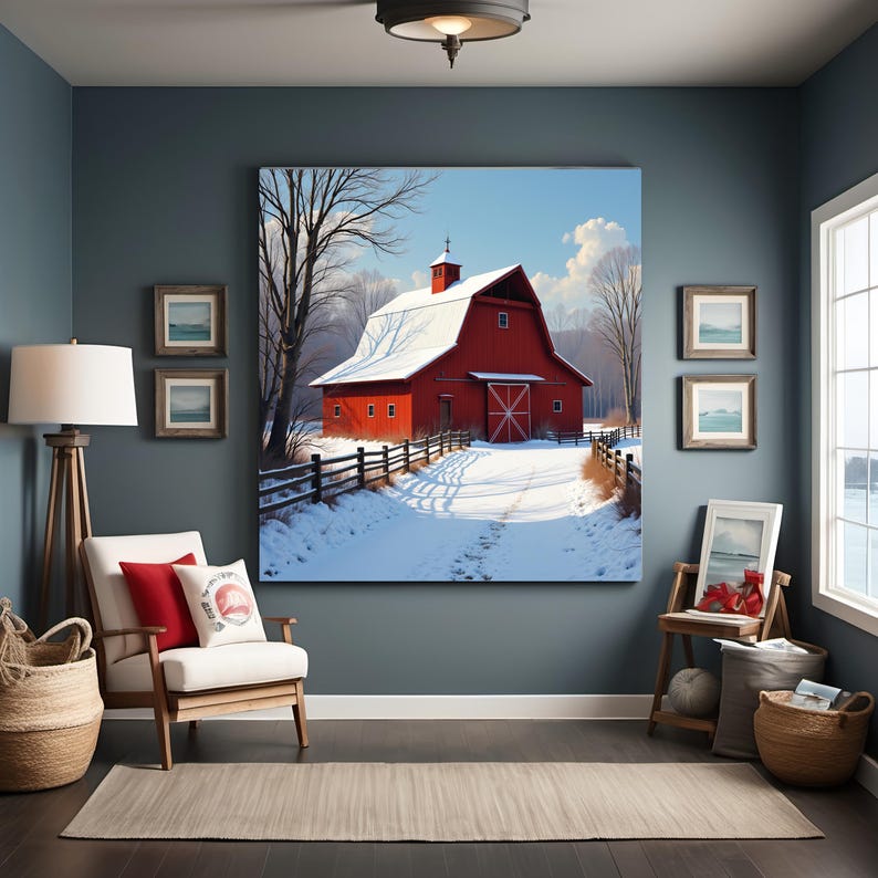 Red Barn Winter Landscape Art: Rustic Farmhouse Print (digital Download ...