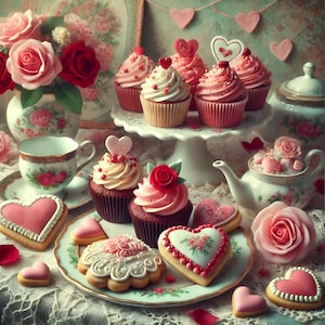 Vintage Valentine&#39;s Tea Party Print: Cupcakes & Cookies (Digital Download)