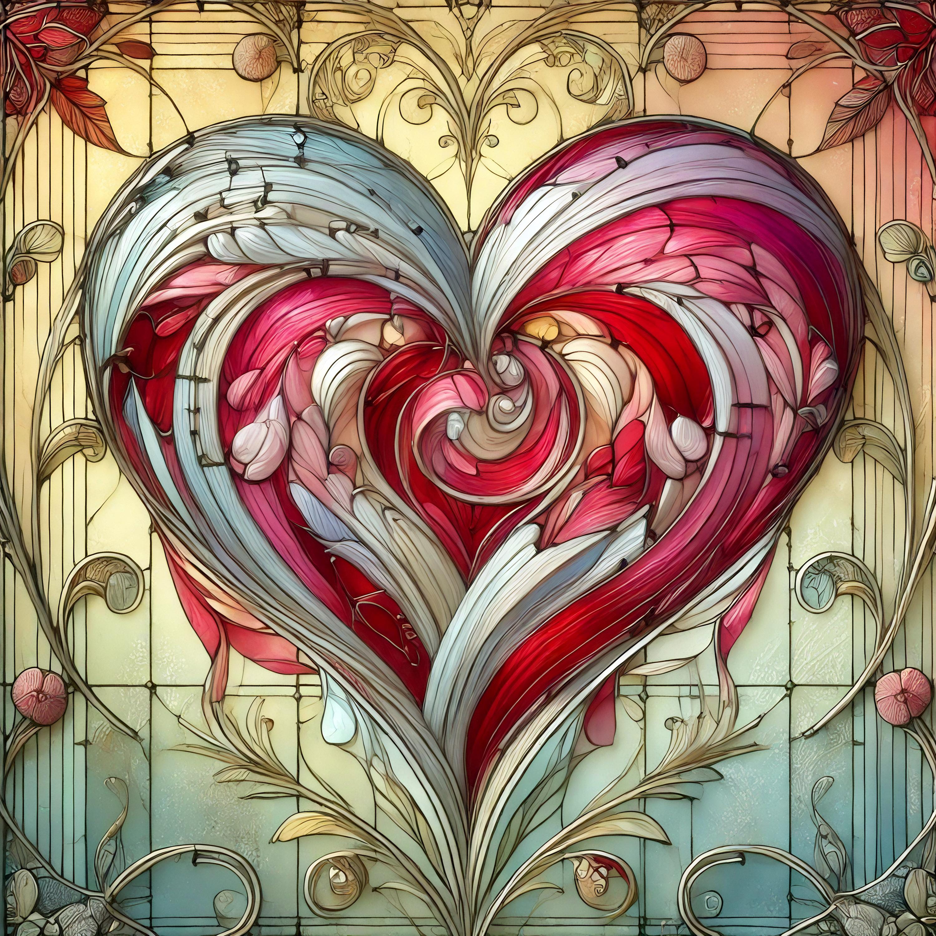 Telenova - Stained Glass Love 直筆サイン入り Art Nouveau Stained Glass Heart Print, Romantic Valentine's Day