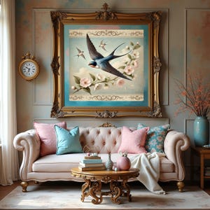 Pu&ograve; includere: Scena di un soggiorno con un grande dipinto incorniciato di rondini in volo e fiori rosa. Un divano trapuntato con cuscini rosa e blu si trova sotto l'opera d'arte. Un tavolino in legno contiene libri e oggetti decorativi.