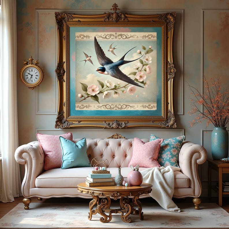 Pu&ograve; includere: Scena di un soggiorno con un grande dipinto incorniciato di rondini in volo e fiori rosa. Un divano trapuntato con cuscini rosa e blu si trova sotto l'opera d'arte. Un tavolino in legno contiene libri e oggetti decorativi.