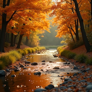 Autumn Brook-landschapskunst: rustige herfstnatuurscène (digitale download)