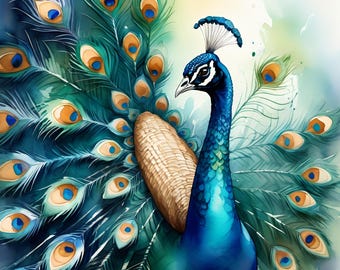 額入り水彩画壁掛け 孔雀 Geucled Plumes 1280 孔雀のプリント可能な壁アート - エレガントな水彩画の鳥の装飾