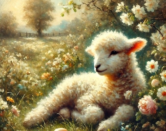 Impresión digital de cordero vintage: Arte floral de pared de granja de Pascua (descarga digital)