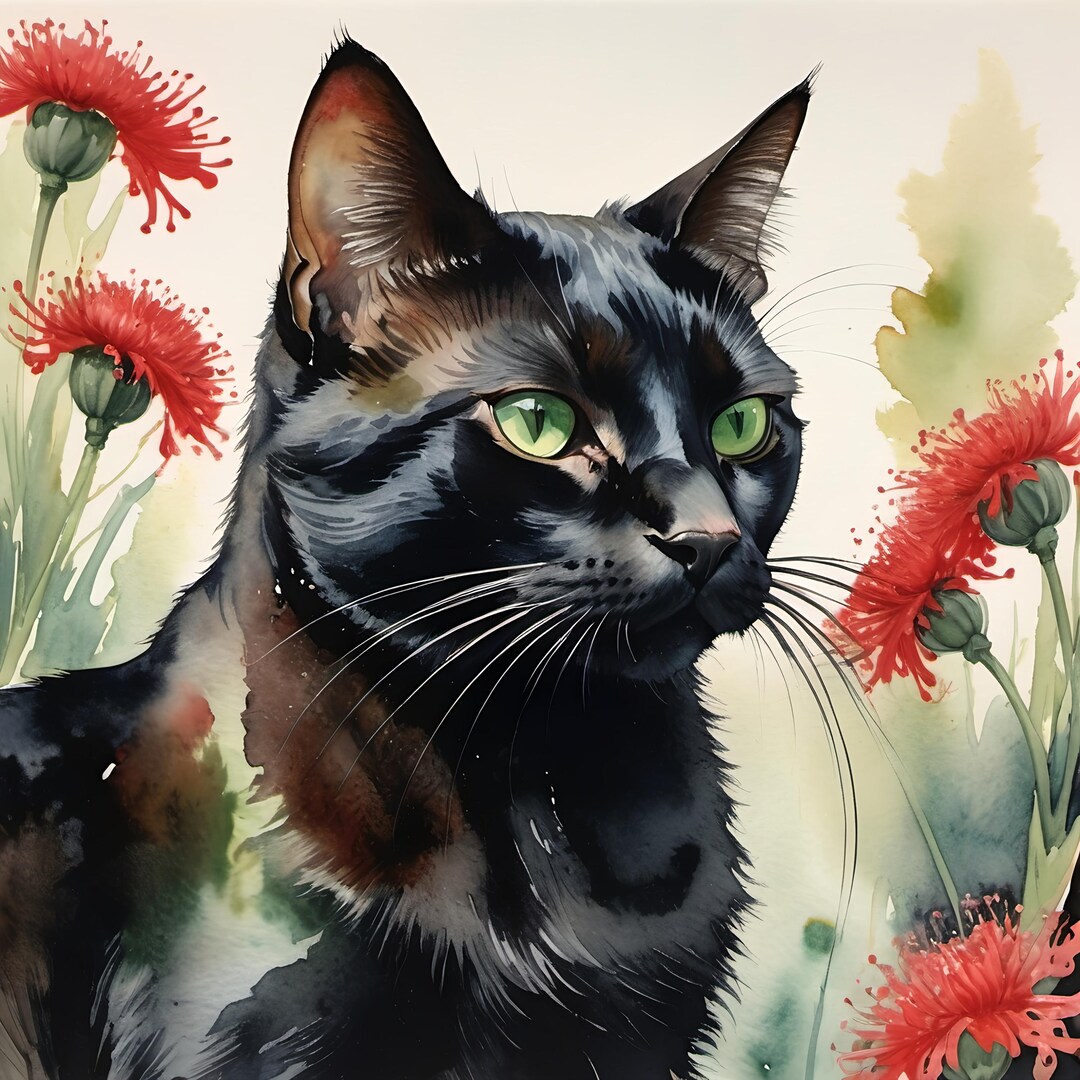 Black Cat Green Eyes Floral Print: Watercolor-inspired Wall Art ...