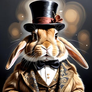 May include: A brown rabbit wearing a black top hat with a red band and a gold and black patterned jacket. The rabbit is wearing a black bow tie and has a white shirt underneath the jacket.