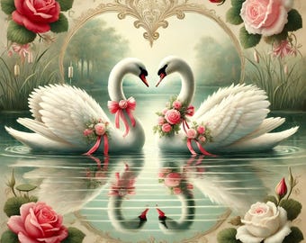 Illustrazione romantica di cigni e amore: decorazioni floreali vintage per San Valentino (download digitale)