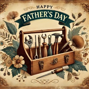 May include: A vintage-style Father's Day greeting card. The image features a wooden toolbox filled with various tools, including wrenches, a hammer, and a screwdriver. The words "HAPPY FATHER'S DAY" are displayed on a banner above the toolbox, with floral and leaf accents.