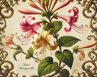Honeysuckle June Birth Flower Print: Vintage Botanical Wall Art (Digital Download)
