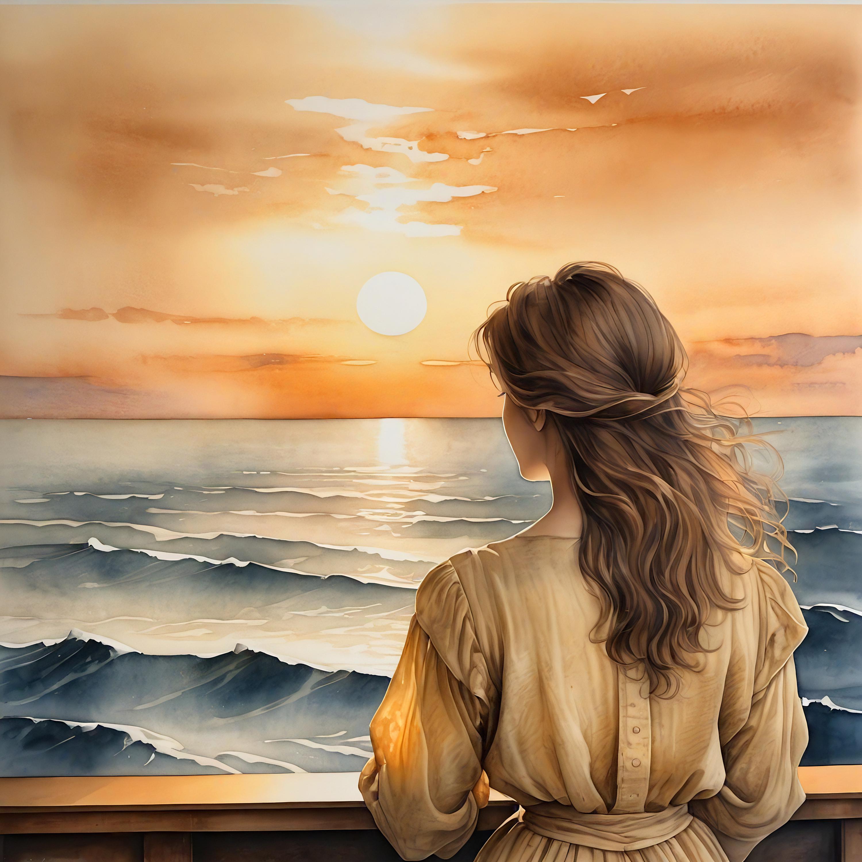 風景画 女性と海の絵 夕焼けの海の景色のアートプリント：海を眺める女性、海岸沿いのホーム