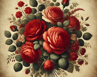 Vintage Rose Print: Romantic Floral Arrangement Wall Art (Digital Download)