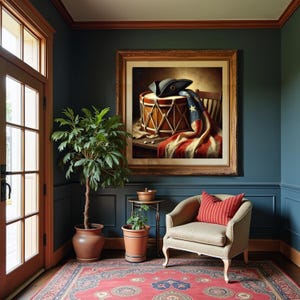 May include: A framed painting depicting a colonial-style drum with a tricorn hat resting on top, accompanied by a draped American flag and two drumsticks. The artwork is displayed in a room with dark teal walls, a beige armchair, and a patterned rug.