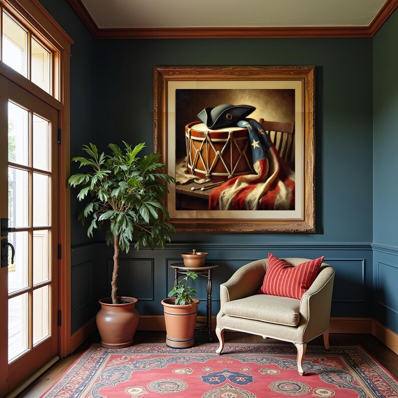 May include: A framed painting depicting a colonial-style drum with a tricorn hat resting on top, accompanied by a draped American flag and two drumsticks. The artwork is displayed in a room with dark teal walls, a beige armchair, and a patterned rug.
