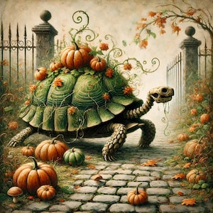 May include: An artistic illustration of a turtle with a green shell decorated with pumpkins and vines. The turtle walks on a cobbled path, surrounded by pumpkins, leaves, and a wrought-iron fence, evoking an autumn harvest theme.