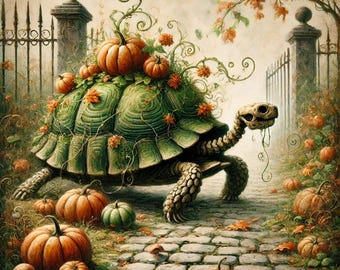 Skeleton Turtle Fall Art Print: Whimsical Halloween Animal Decor