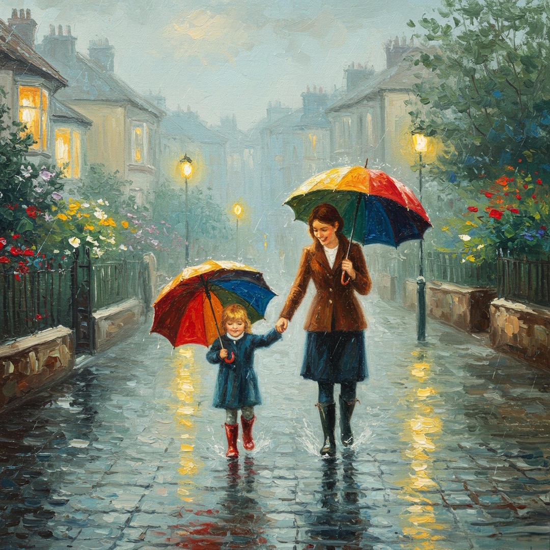 Mother and Daughter Rainy Day Art: Colorful Umbrellas (digital Download ...