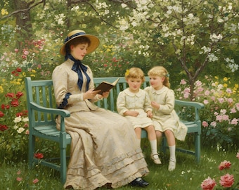 Victorian Mother and Daughters Painting: Impressionist Garden
