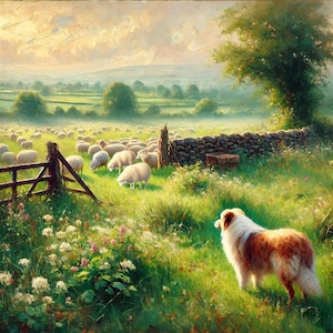 Vintage Farm Landscape Digital Print, Sheep and Sheepdog Pastoral Art, Countryside Wall Art, Rustic Farmhouse Decor, Herding Dog Artwork