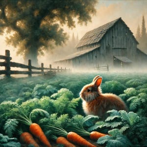 May include: A brown rabbit sits in a field of green leafy plants with orange carrots growing out of the ground. A wooden barn is in the background with fog in the air.