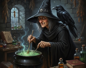 Vintage Witch and Raven Cauldron Art: Gothic Halloween Decor (Digital Download)
