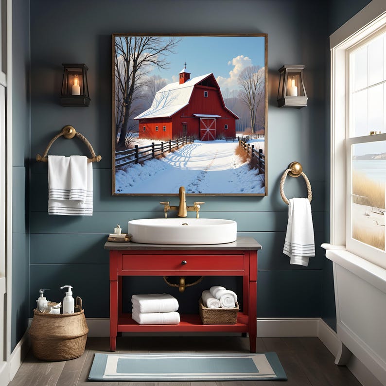 Red Barn Winter Landscape Art: Rustic Farmhouse Print (digital Download ...