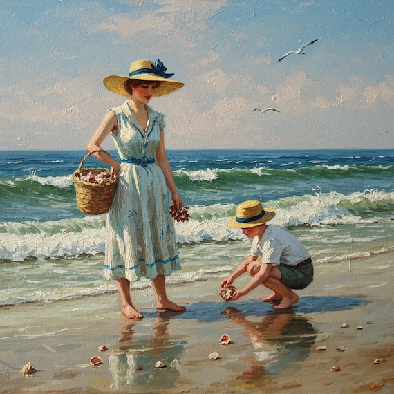 Mother and Son Beach Print: Vintage Seaside Scene (digital