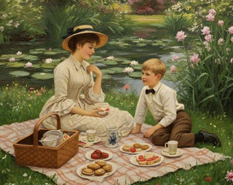 Vintage Mother's Day Picnic Painting: Victorian Garden Scene (Digital Download)