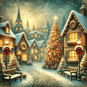 Enchanting Christmas Village Snowy Scene Digital Print Holiday Wall Art Winter Wonderland Download Christmas Gift Idea For Her Holiday Decor