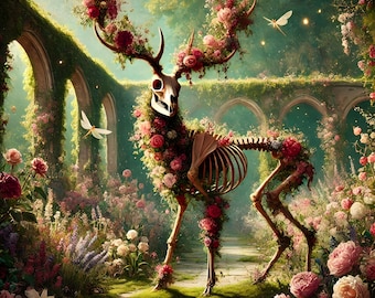 Gothic Skeleton Deer Floral Print: Vintage Fantasy Wall Art (Digital Download)