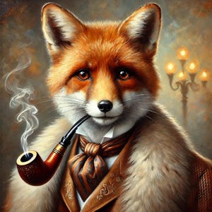 May include: A portrait of a red fox with amber eyes, wearing a brown patterned cravat, a white collared shirt, and a brown jacket with a fur collar. The fox holds a dark wooden smoking pipe in its mouth, from which a thin trail of white smoke rises.