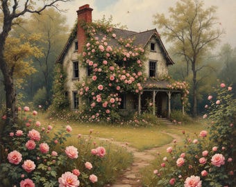 Rose Garden Cottage Art Print: Romantic Overgrown Flower House Painting (Digital Download)