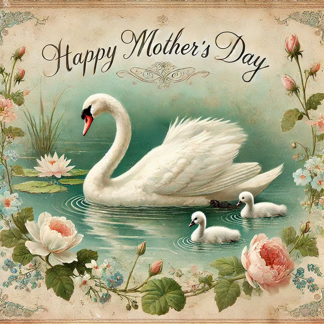 Vintage Mothers Day Wall Art Printable Swan Family Digital Sign Happy ...