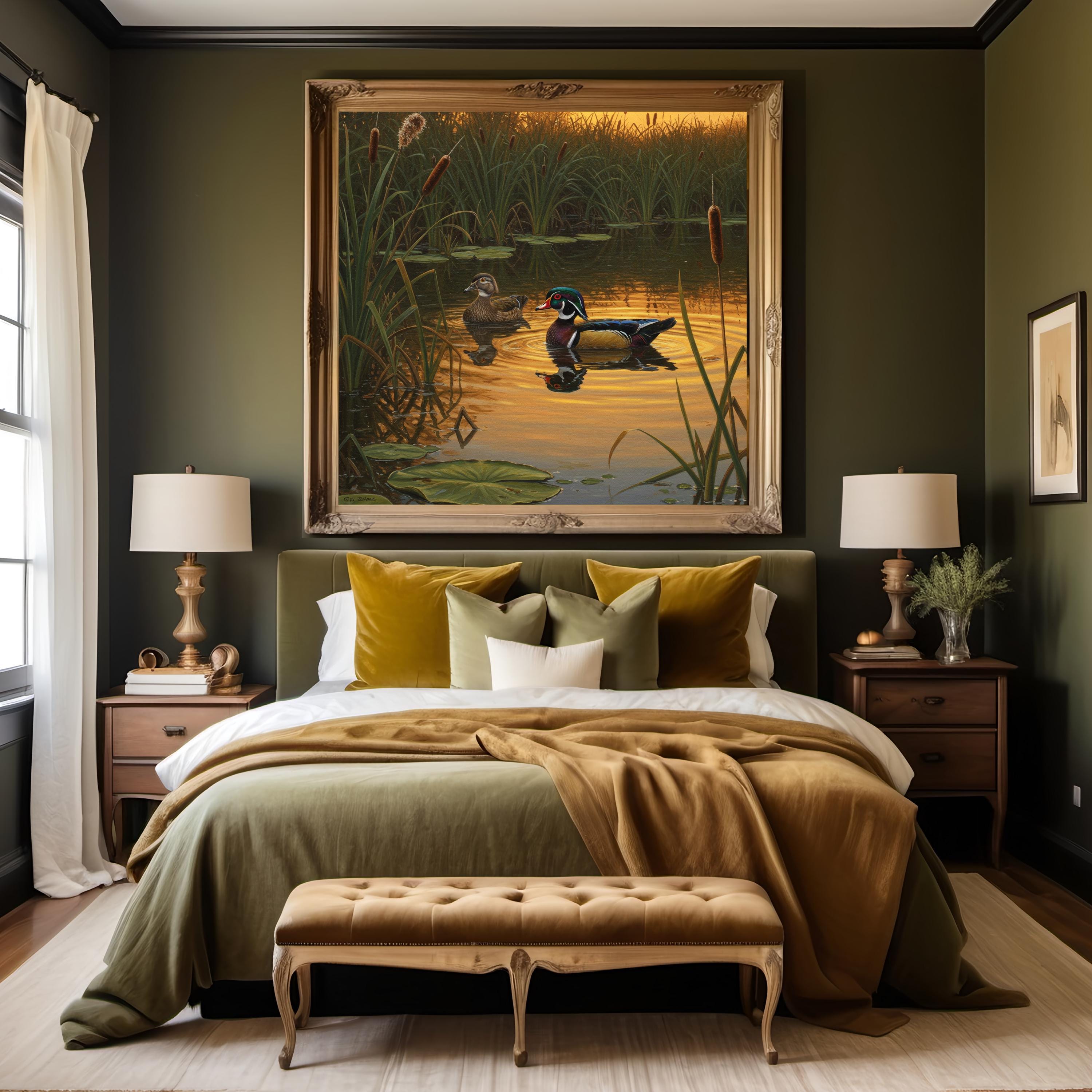 Wood Ducks at Sunset: Tranquil Pond Nature Wall Art (digital