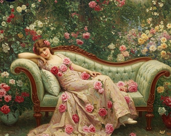 Vintage Rose Garden Wall Art Romantic Floral Painting Victorian Lady in Roses Digital Print Gift Idea Elegant Wall Art Digital Download Gift