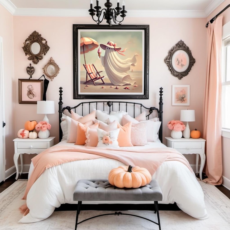 May include: A bedroom with a black wrought iron bed frame, adorned with peach and white bedding and pillows. A large framed artwork depicts a ghost on a beach. The room is decorated in shades of peach and white, with pumpkins and floral accents.