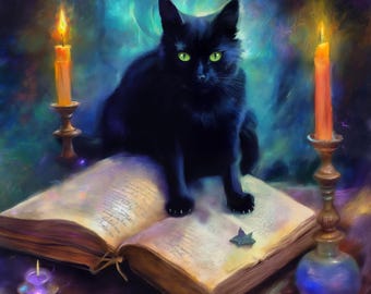 Mystical Black Cat Art Print: Halloween Witch Decor (Digital Download)